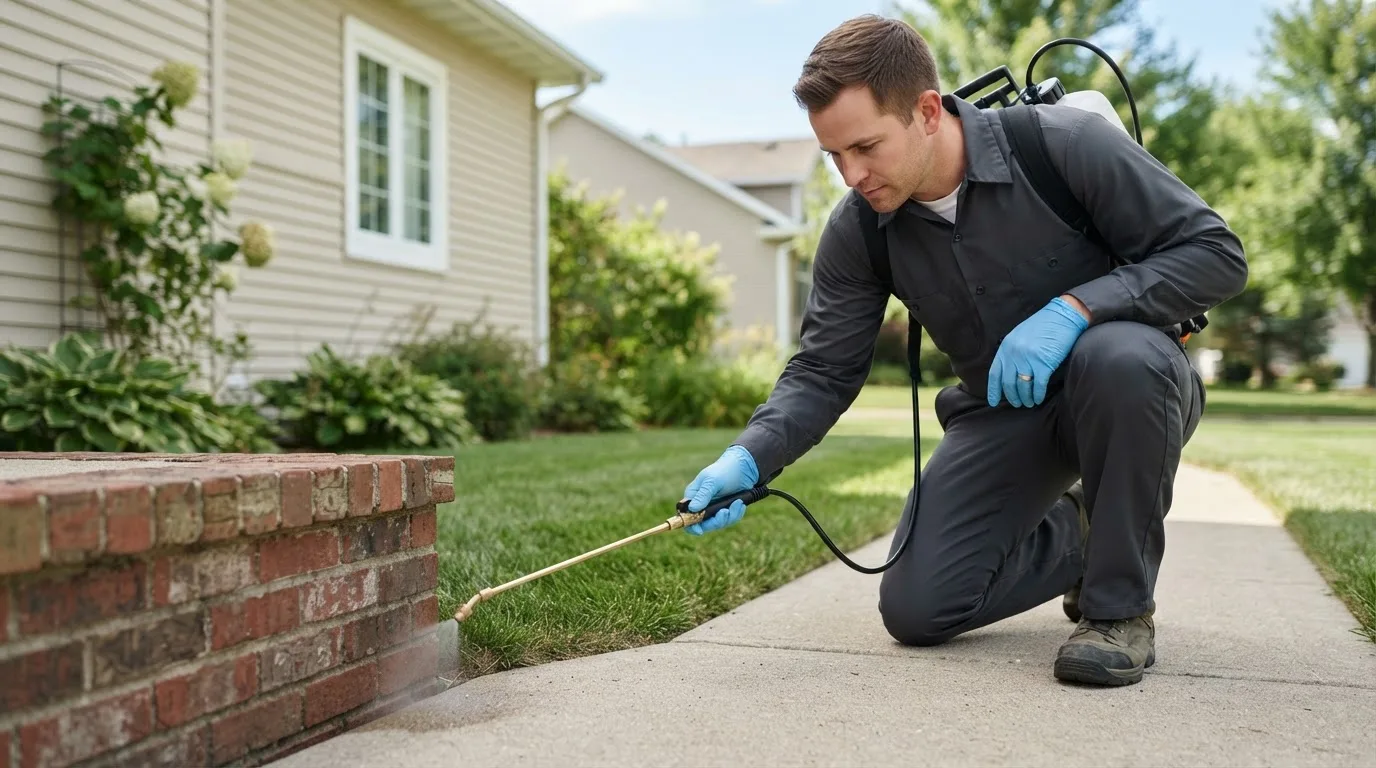 Pest control technician treating a home near Lone Tree, IA