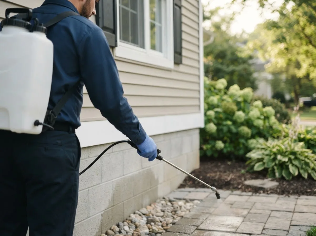 Pest control technician inspecting a home in Lone Tree, IA